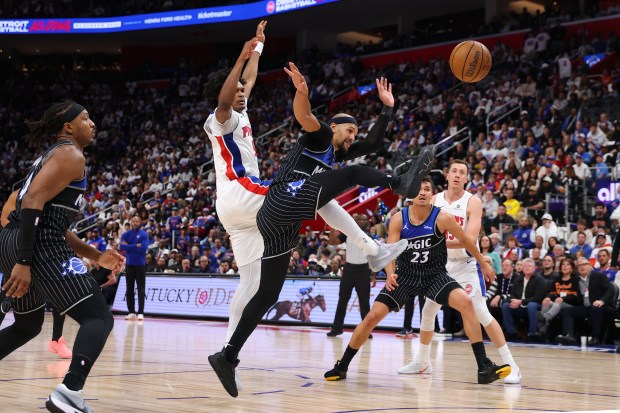 Jalen Suggs #4 of the Orlando Magic battles Ausar Thompson #9 of the Detroit Pistons for a second half rebound during game one of the first round of the eastern conference playoffs at Little Caesars Arena on April 19, 2026 in Detroit, Michigan. NOTE TO USER: User expressly acknowledges and agrees that, by downloading and or using this photograph, User is consenting to the terms and conditions of the Getty Images License Agreement. (Photo by Gregory Shamus/Getty Images)