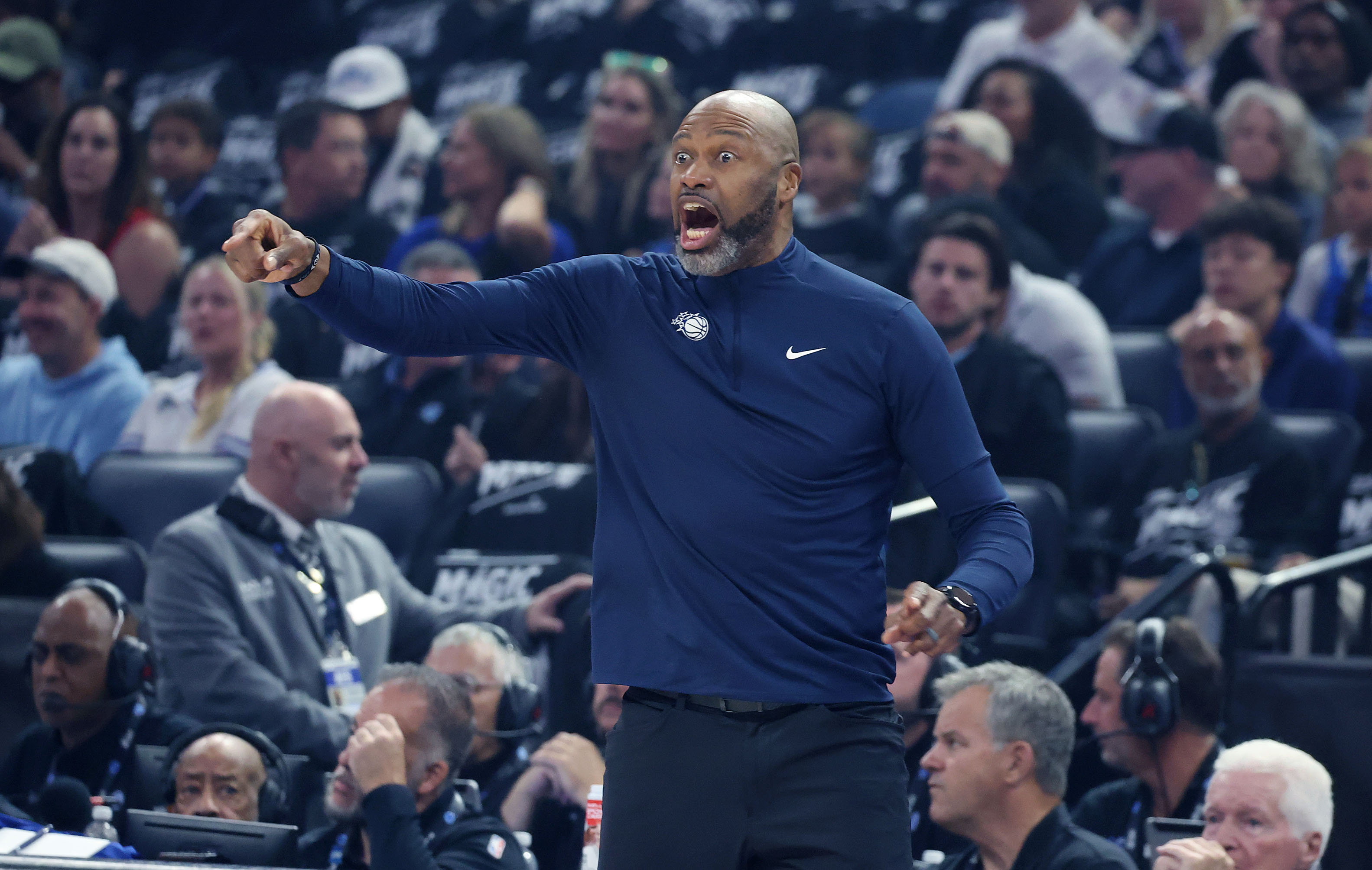 Orlando coach Jamahl Mosley signals during the NBA Playoff Game...