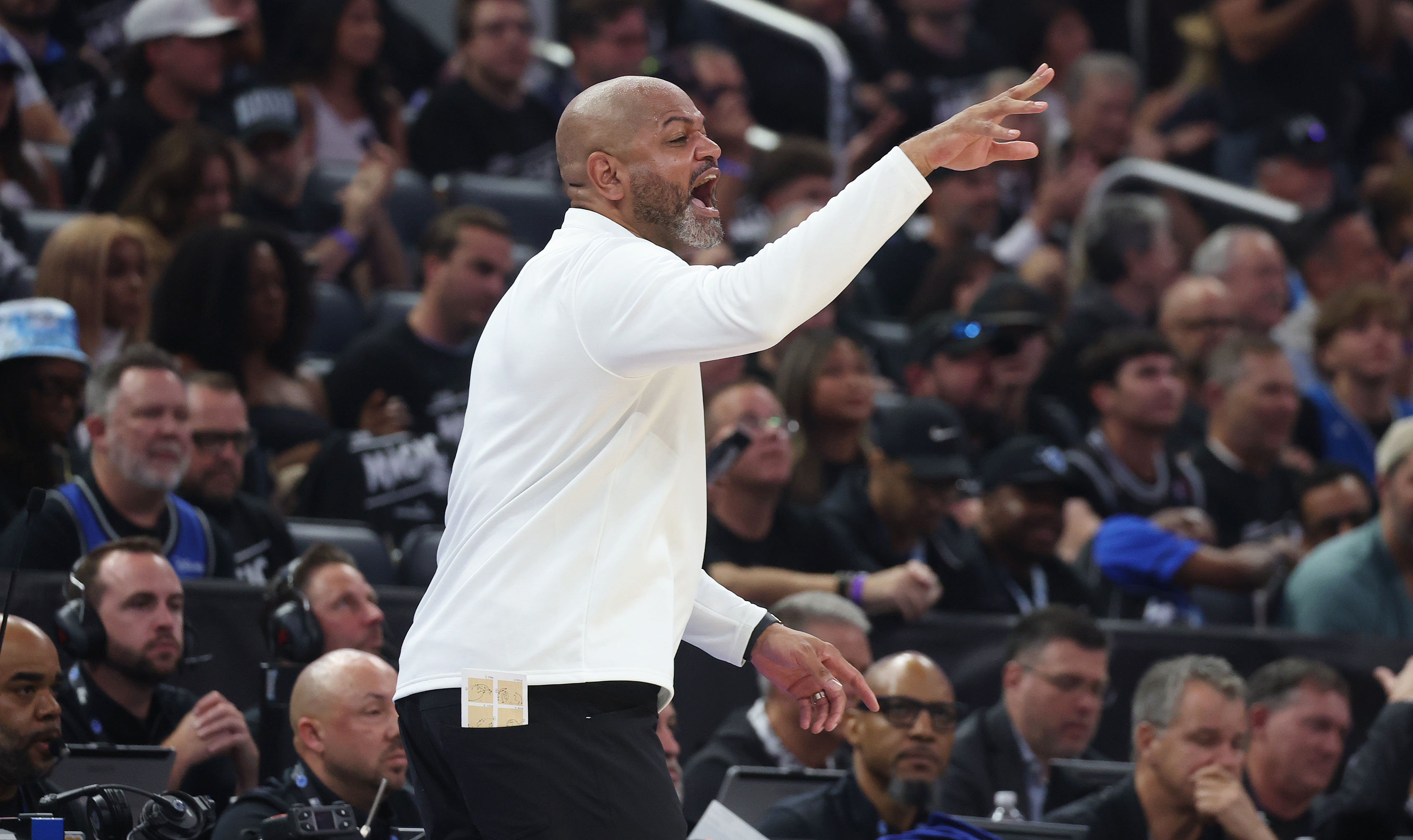 Detroit head coach JB Bickerstaff yells during the NBA Playoff...