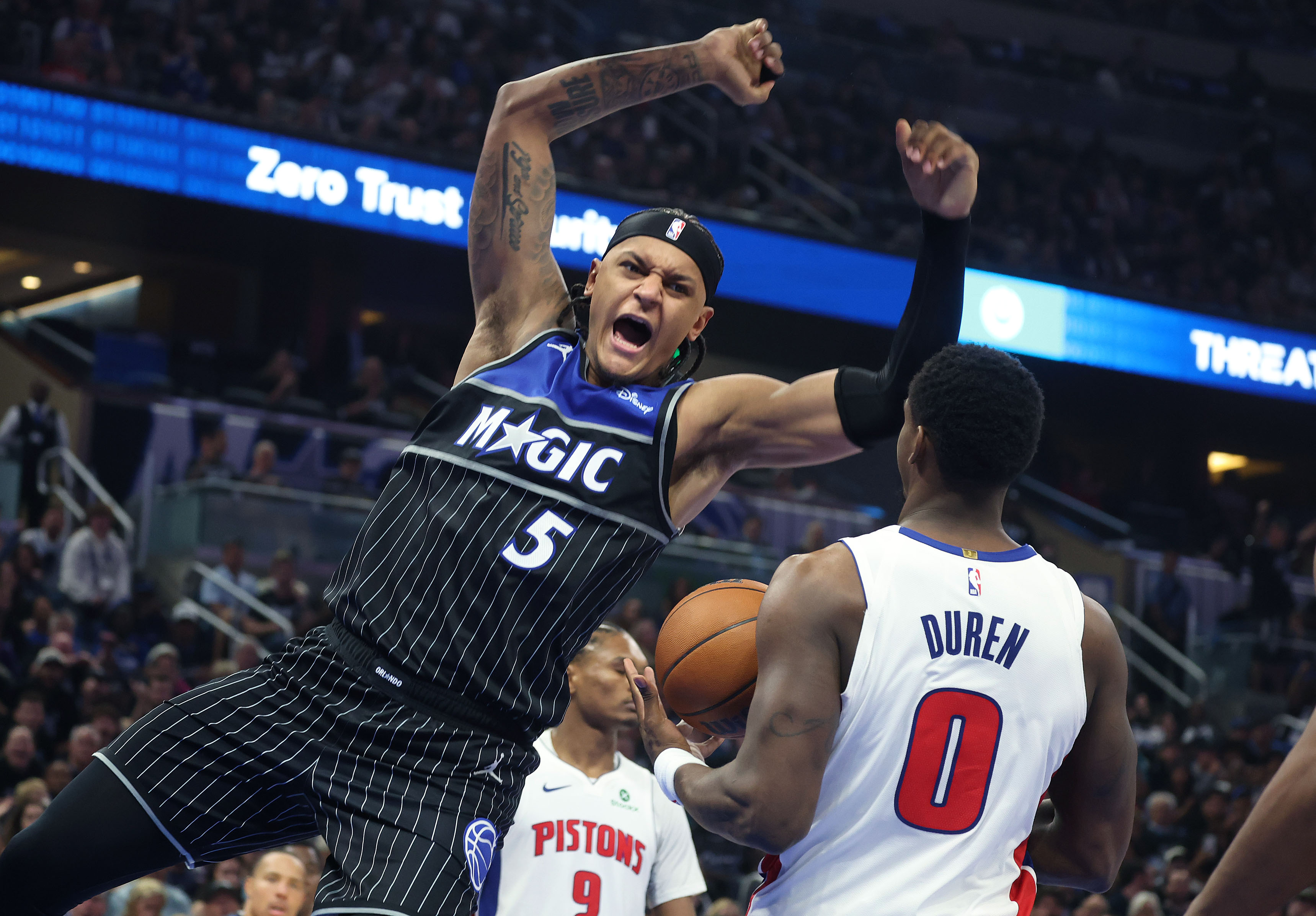 Orlando forward Paolo Banchero (5) screams in celebration after slam...