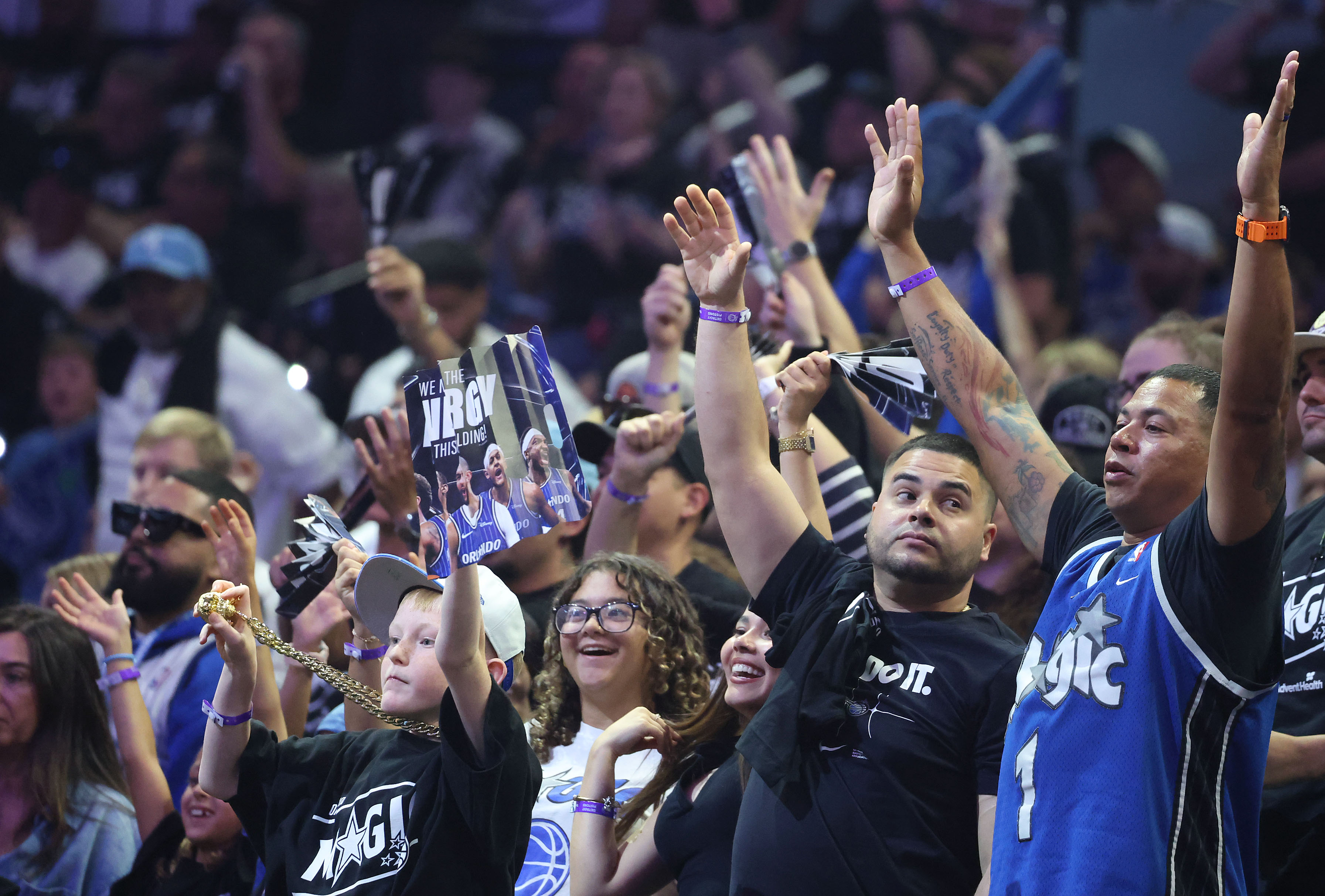 Orlando fans cheer during the NBA Playoff Game 3 of...