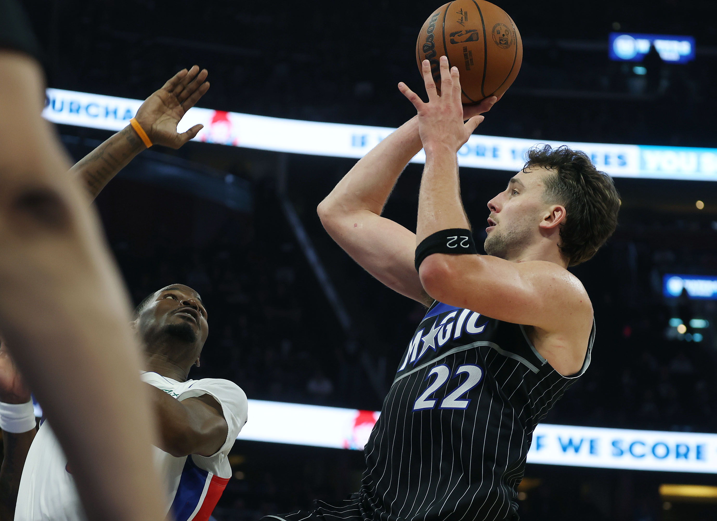 Orlando forward Franz Wagner (22) shoots during the NBA Playoff...