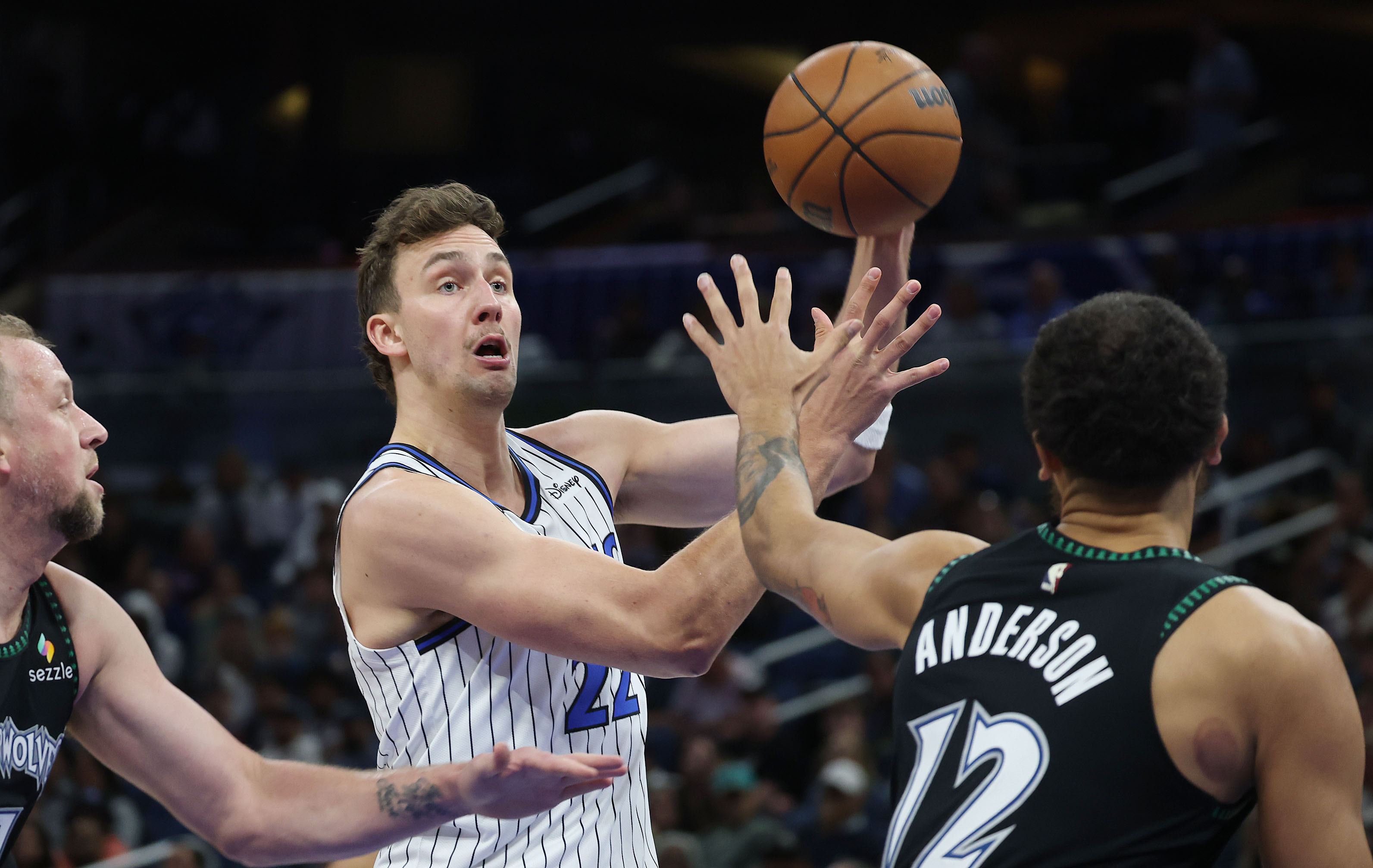 Orlando forward Franz Wagner (22) passes during the Minnesota Timberwolves...