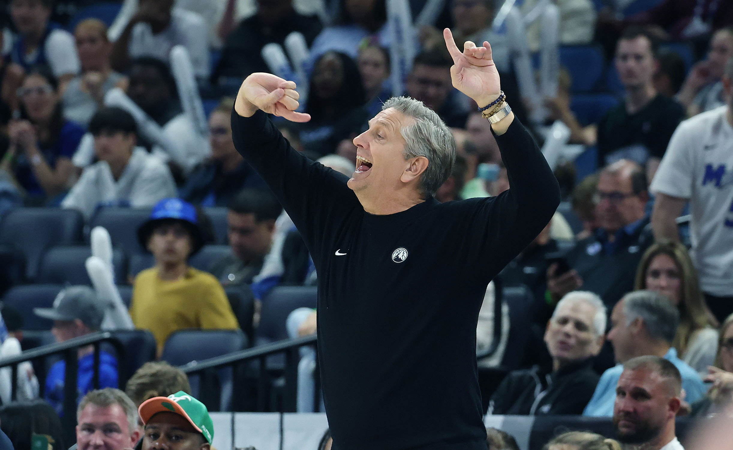 Minnesota coach Chris Finch yells during the Minnesota Timberwolves at...