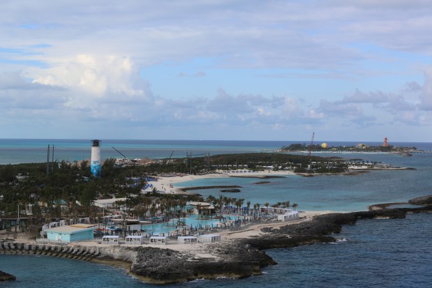 Norwegian Cruise Line's private Bahamas island Great Stirrup Cay is undergoing a series of upgrades, seen on Sunday, March 29, 2026, with competing cruise line Royal Caribbean's private destination Perfect Day at CocoCay seen in the distance. (Richard Tribou/Orlando Sentinel)