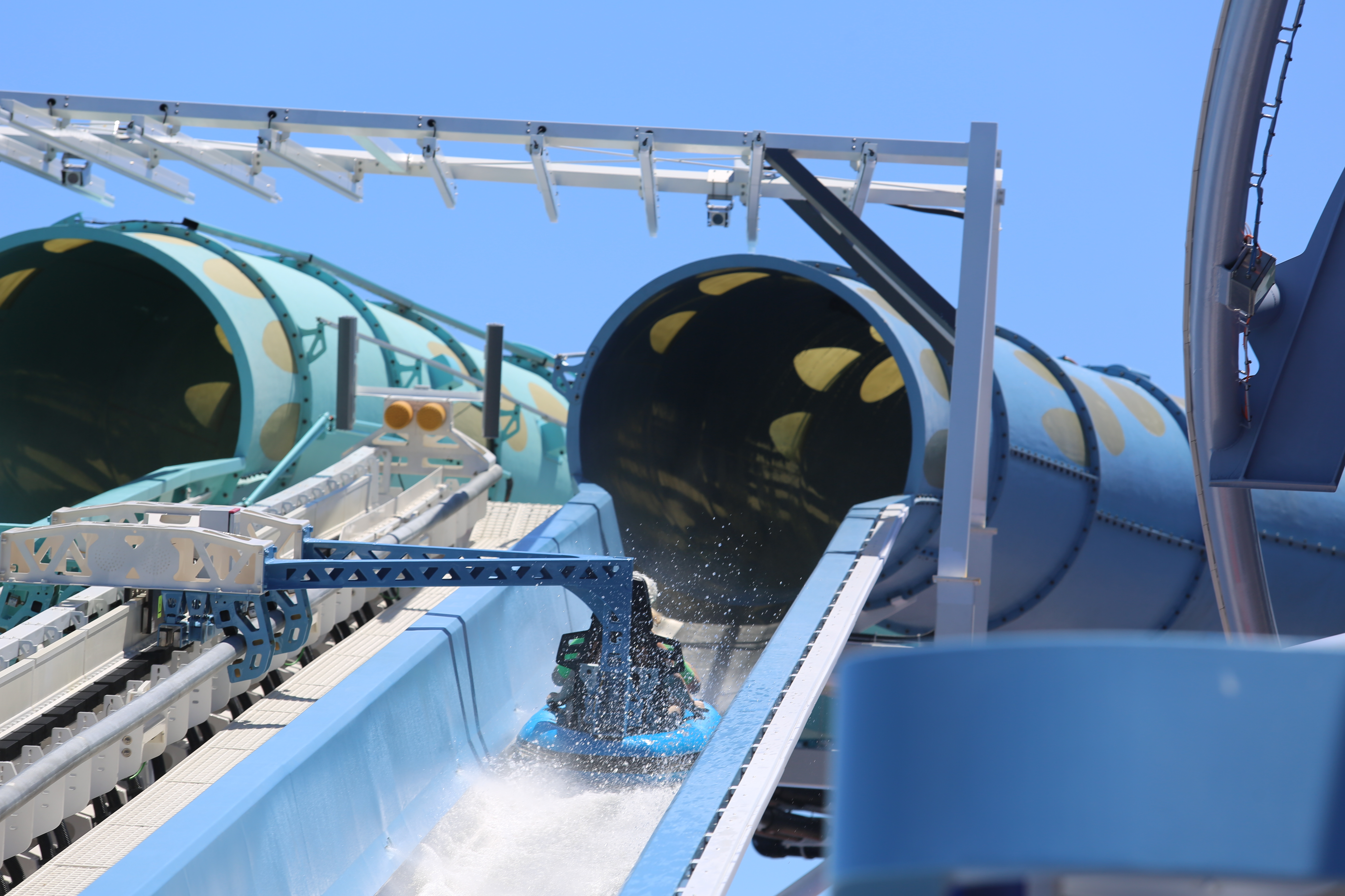 Riders are hurtled up into the Aqua Slidecoaster on board...