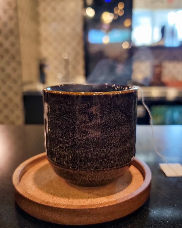 A choice of tea green, genmaicha or hojicha is included in the new Japanese breakfast set at Gyukatsu Rose, available on Saturday mornings only. (Photo courtesy Lisa Wilk/TasteCookSip.com)