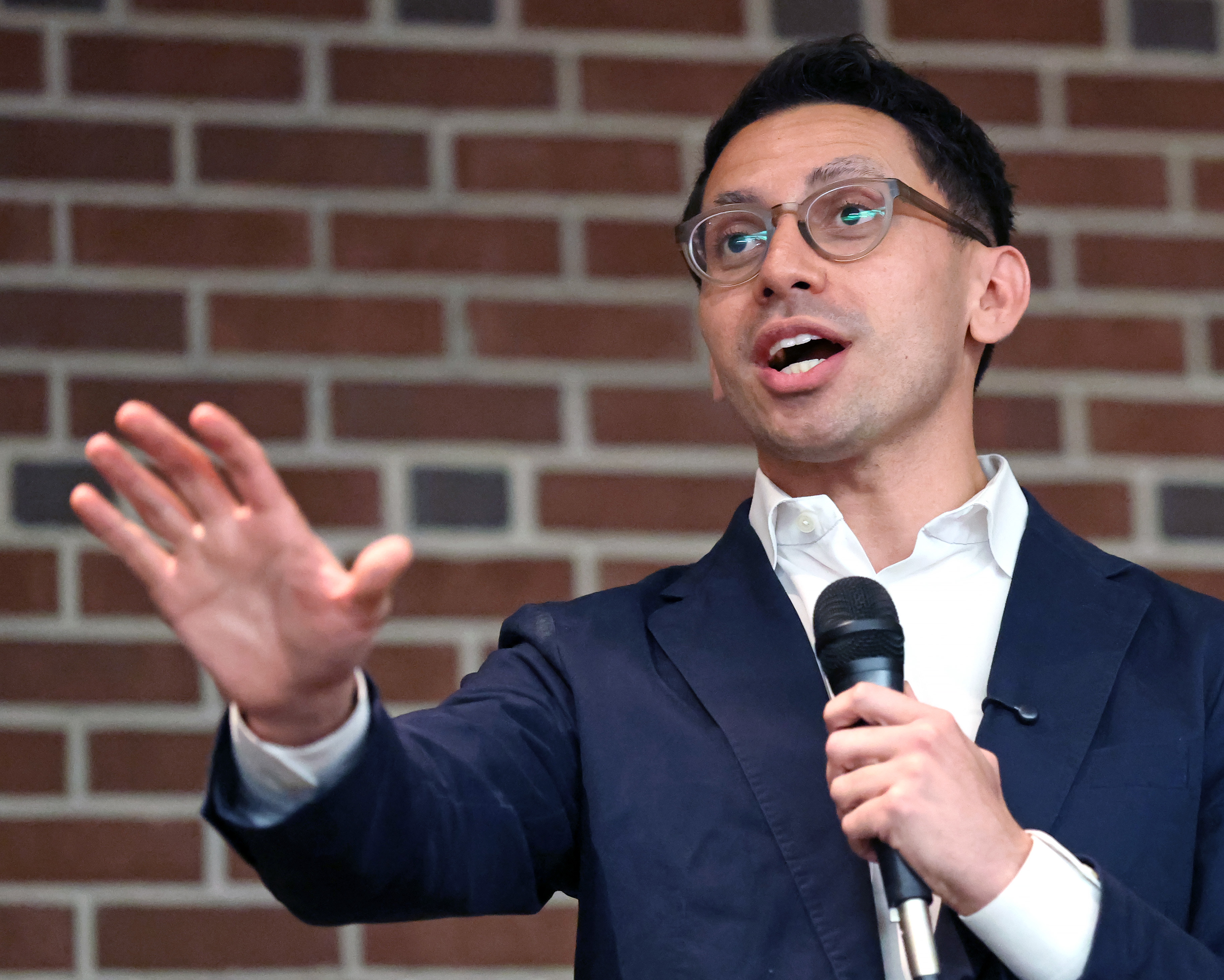 Florida Republican primary gubernatorial candidate James Fishback delivers remarks at...