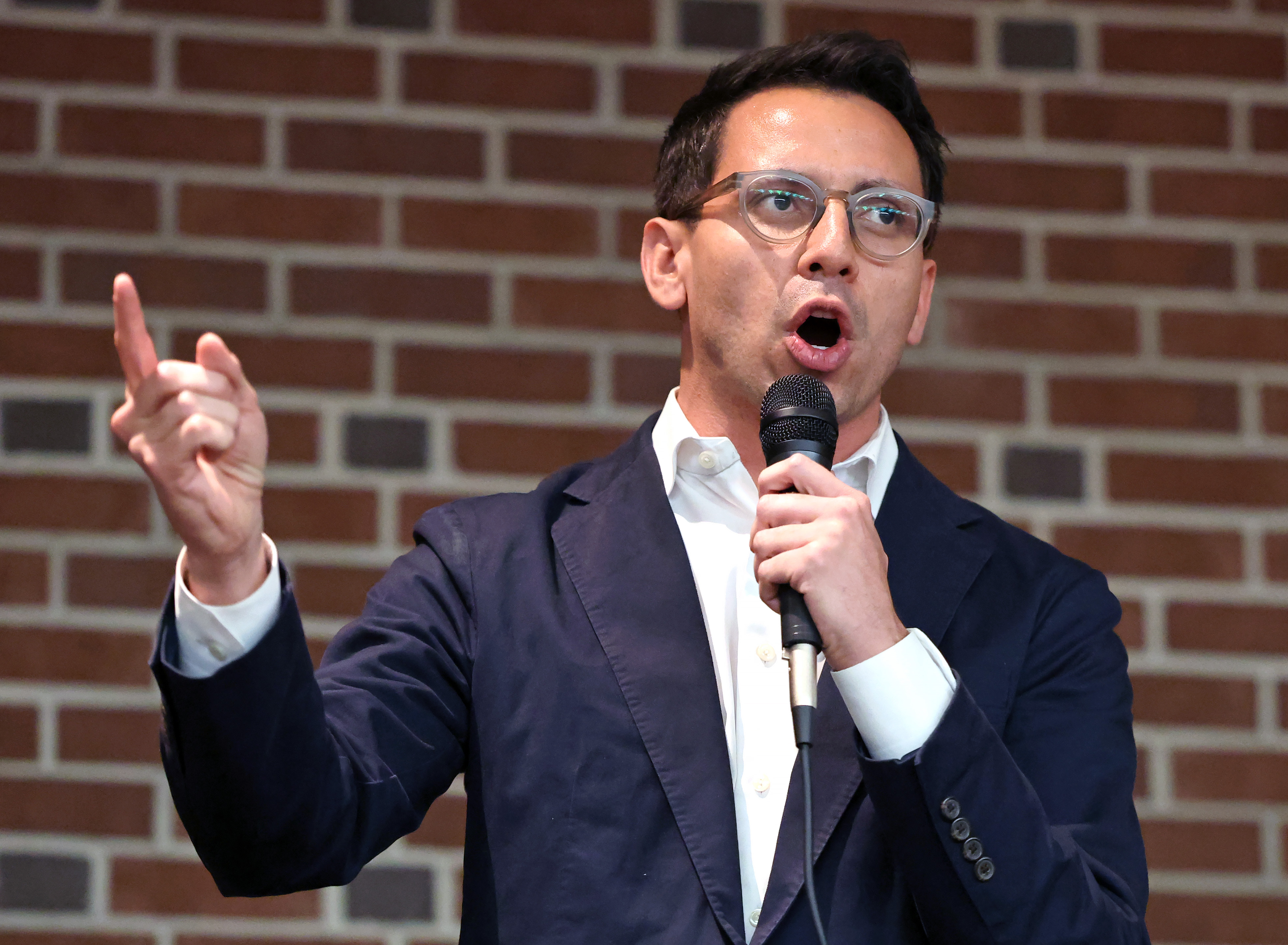 Florida Republican primary gubernatorial candidate James Fishback delivers remarks at...