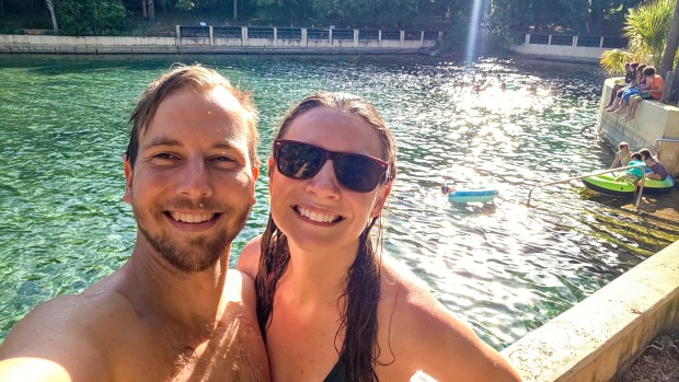 Patrick Connolly and Karissa Bellile enjoy a refreshing visit to Salt Springs after 40 miles on the Florida Trail finished on April 4, 2026. (Patrick Connolly/Orlando Sentinel)
