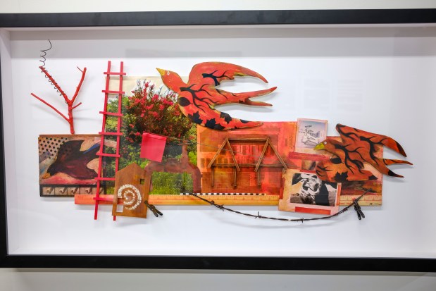 A new assemblage by Rob Reedy will be on display for an open house at McRae Art Studios in Orlando, seen on April 21, 2026. The studios are open to the public from 6-9 p.m. April 25. (Patrick Connolly/Orlando Sentinel)