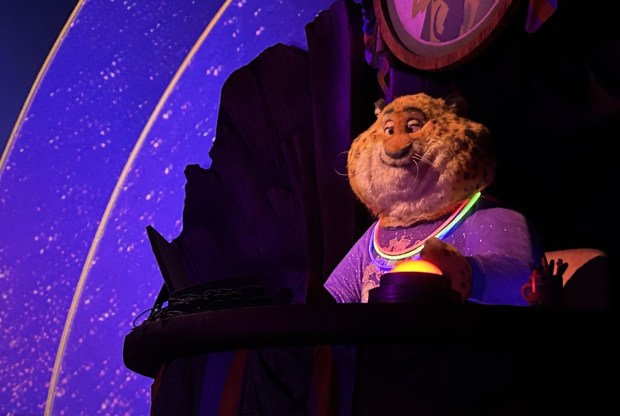 Benjamin Clawhauser, a character from the "Zootopia" movie franchise, appears in animatronic form at "Zootopia: Better Zoogether" show at Disney's Animal Kingdom theme park. (Dewayne Bevil/Orlando Sentinel)