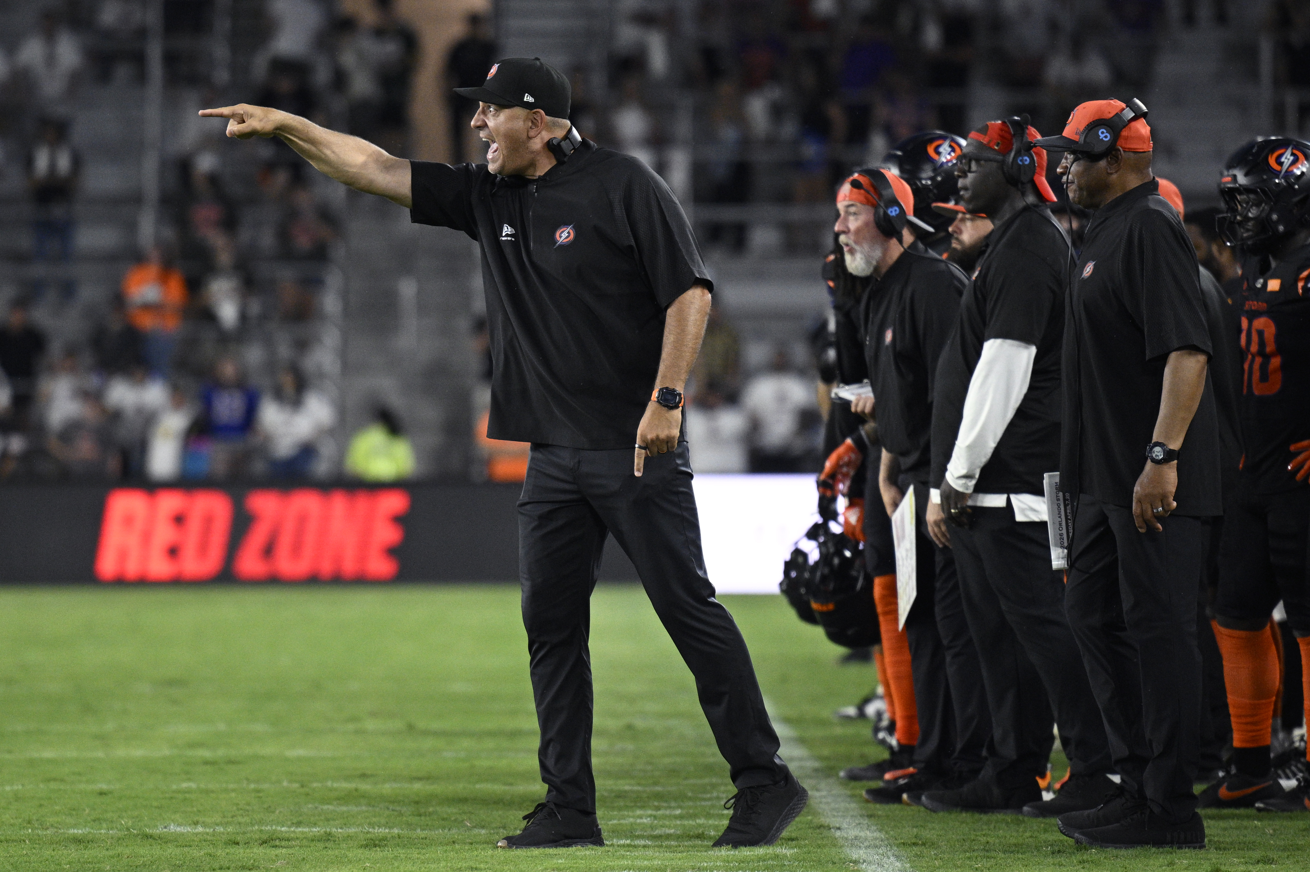 Orlando Storm head coach Anthony Becht, left, reacts to a...