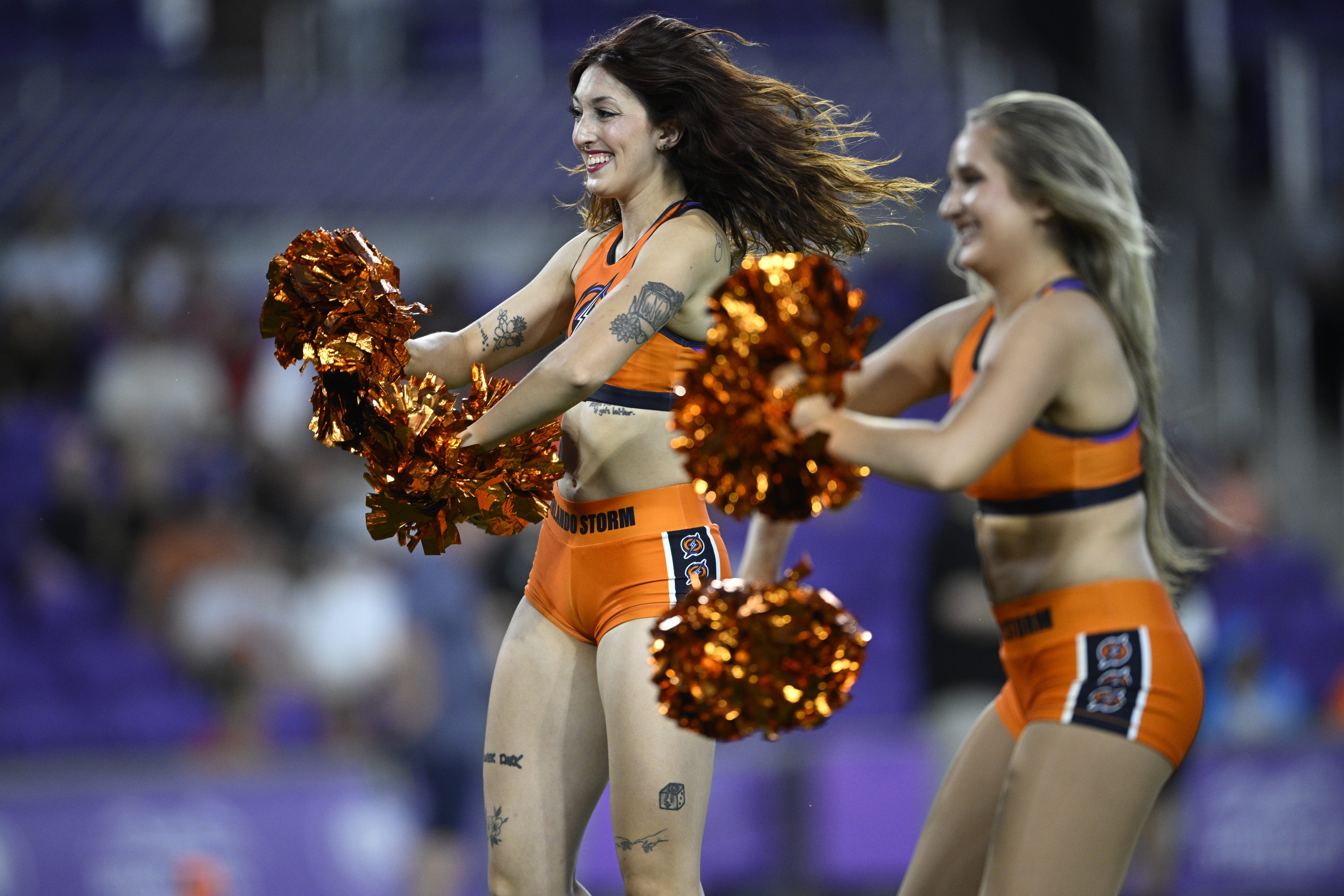 Orlando Storm cheerleaders perform on the field during a UFL...