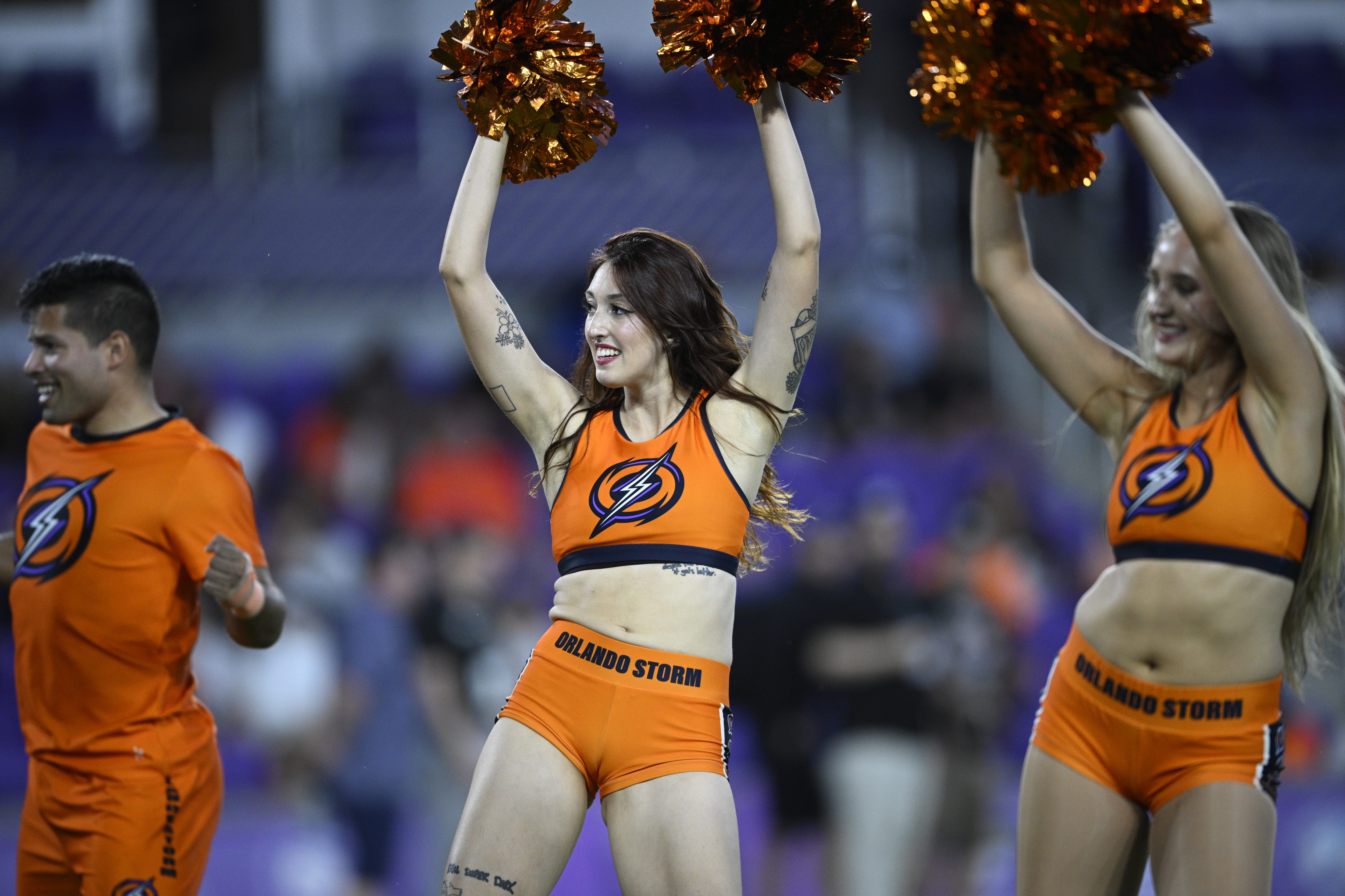 Orlando Storm cheerleaders perform on the field during a UFL...