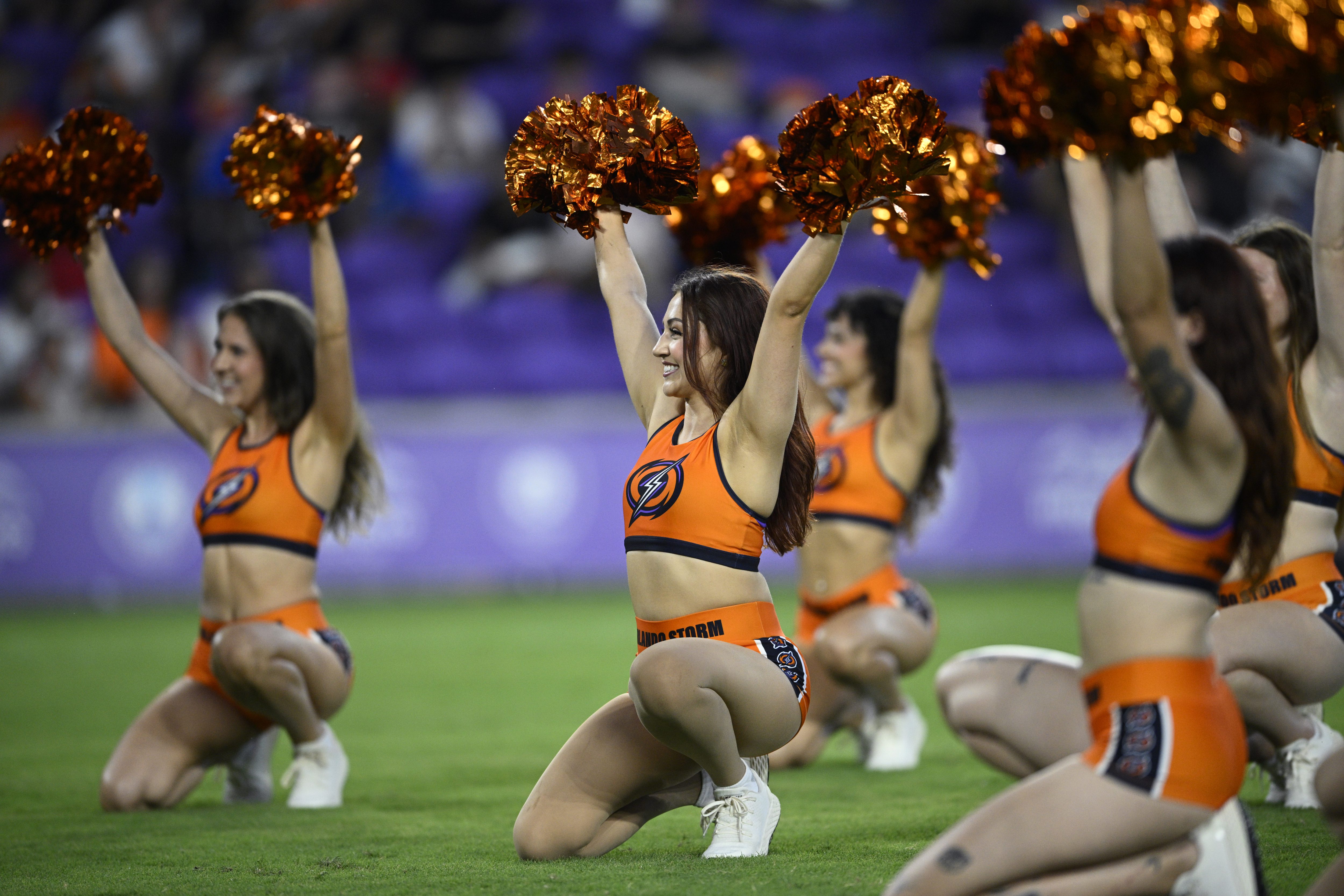 Orlando Storm cheerleaders perform on the field during a UFL...