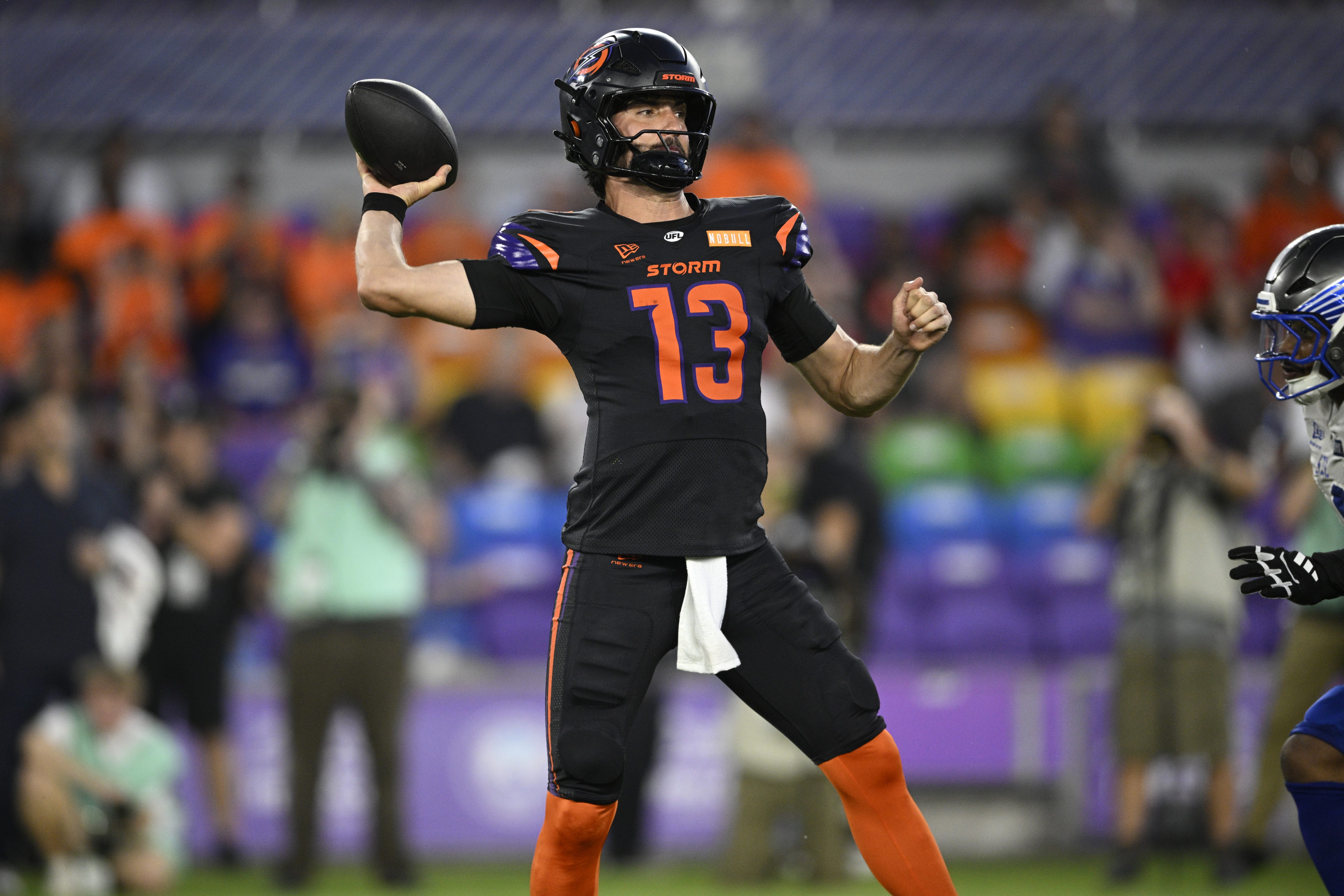 Orlando Storm quarterback Jack Plummer (13) throws a pass during...