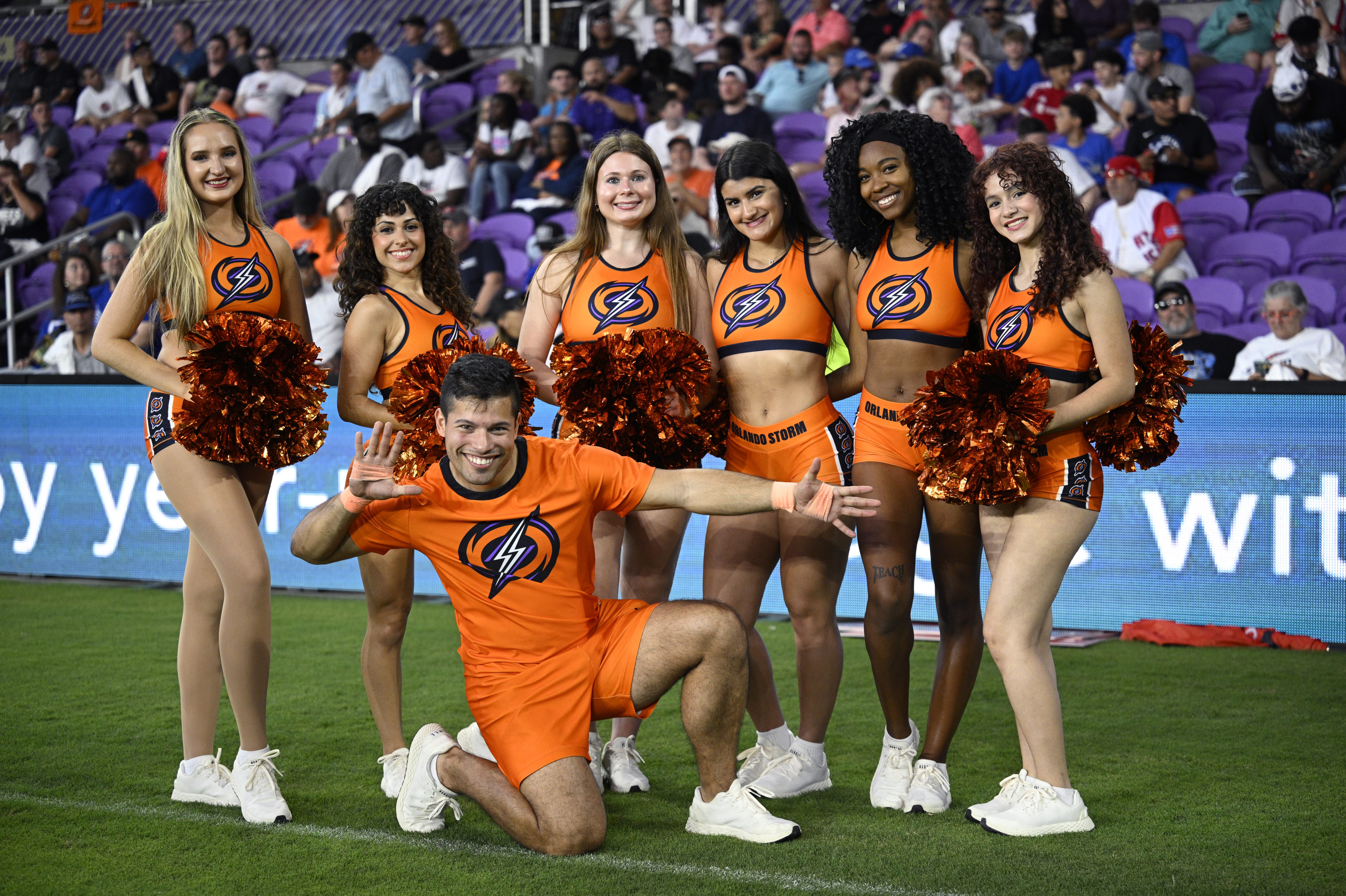 Orlando Storm cheerleaders pose on the sideline during a UFL...