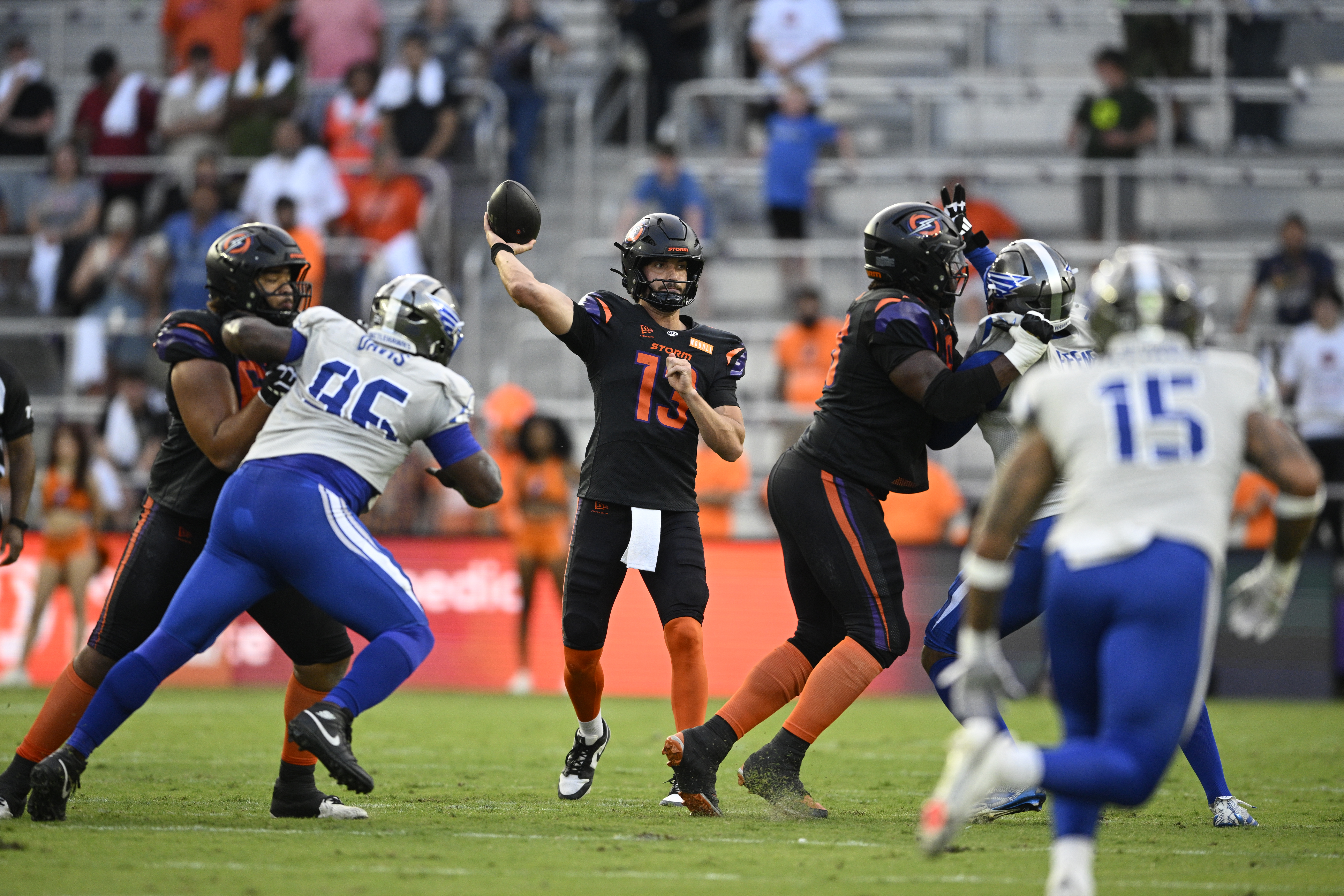 Orlando Storm quarterback Jack Plummer (13) throws a pass during...