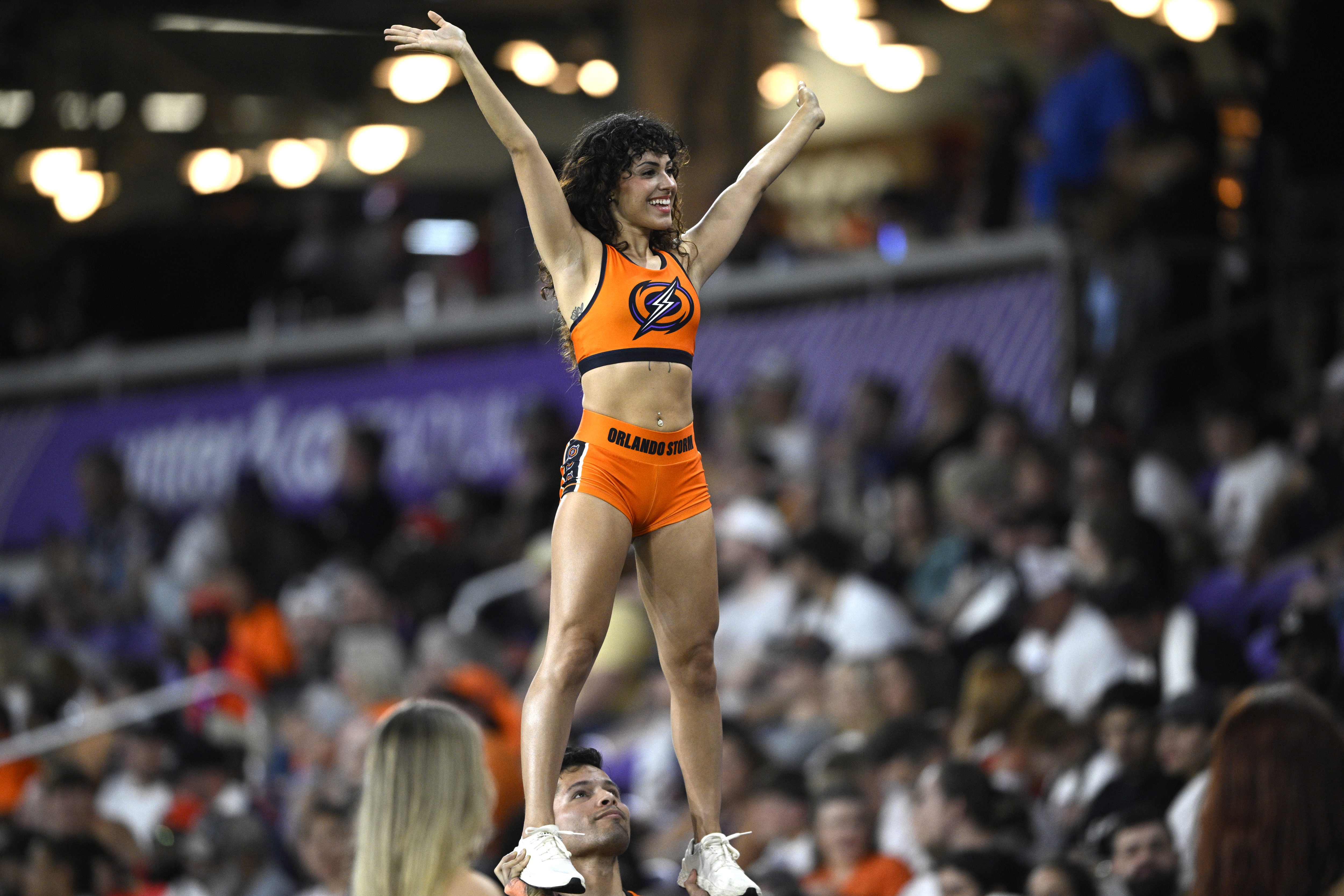 Orlando Storm cheerleaders perform on the sideline during a UFL...