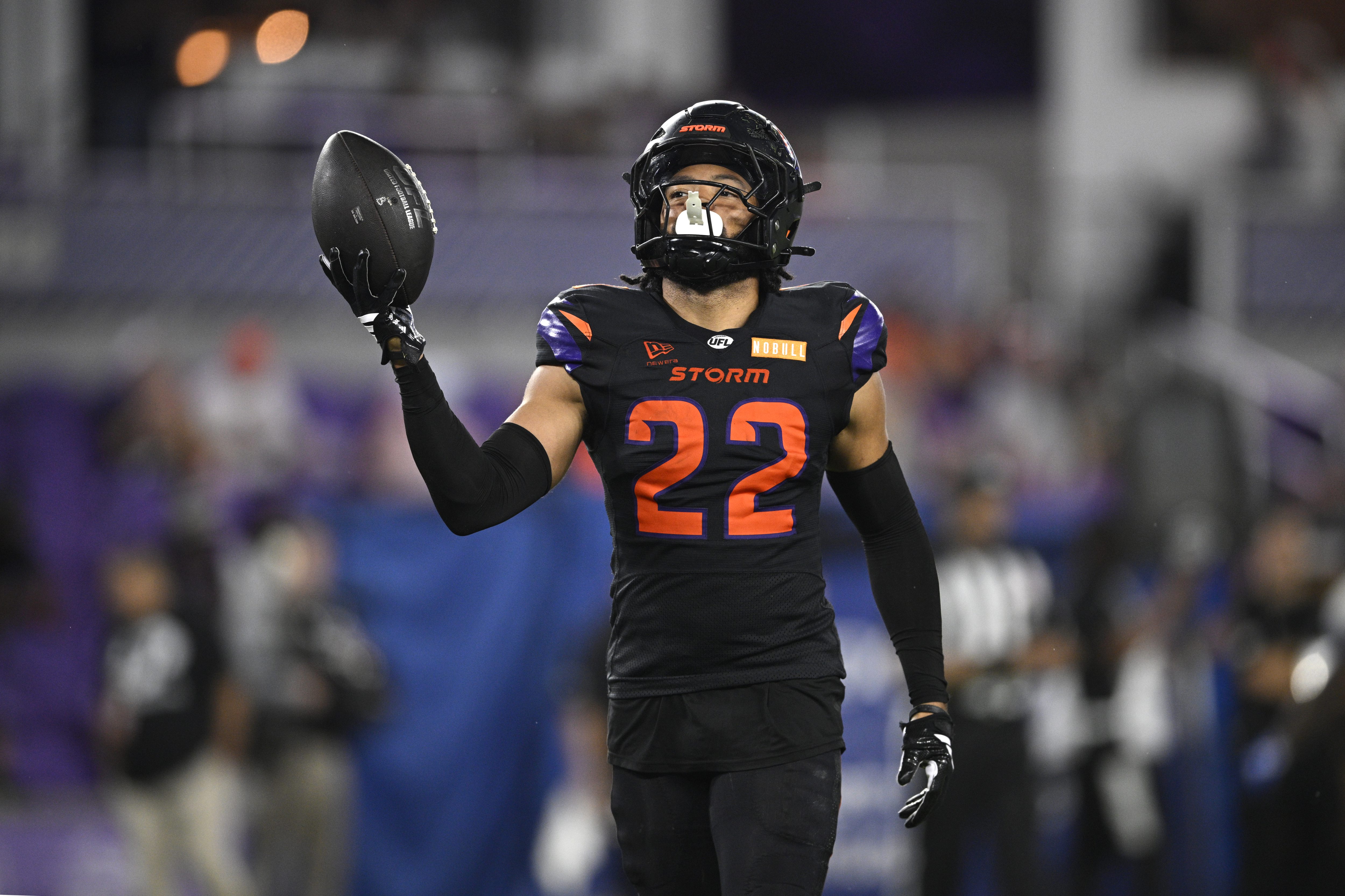 Orlando Storm safety Nate Meadors (22) celebrates after intercepting a...