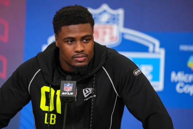 Georgia linebacker CJ Allen (01) speaks during a press conference at the NFL football scouting combine in Indianapolis, Wednesday, Feb. 25, 2026. (AP Photo/Michael Conroy)