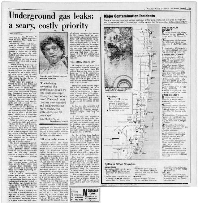 A Miami Herald article from 1986 shows where major contamination incidents occurred in South Florida at the time. A quote from a member of the Florida Petroleum Council at the time said, “The industry recognizes the problem, although we feel it has developed at no fault of our own. The steel tanks that are now leaking and corroded were considered state-of-the-art years ago.”