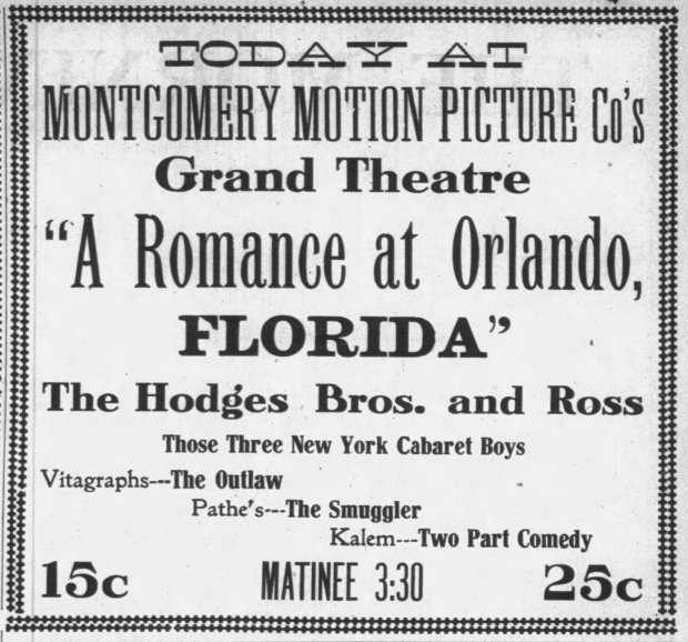 The Grand Theatre's 1914 ad in the Sentinel for the movie, "Romance at Orlando." (Orlando Sentinel file)