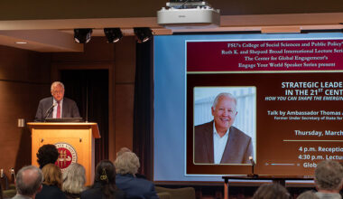 Ambassador Thomas A. Shannon, the former Under Secretary of State for Political Affairs, delivered the lecture “Strategic Leadership in the 21st Century: How You Can Shape the Emerging Global Order” March 26 at The Globe Auditorium. (Jalisa Redding/Center for Global Engagement)