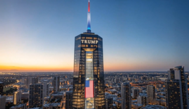 A photo rendering of a skyscraper in Miami emblazoned with the word "TRUMP."