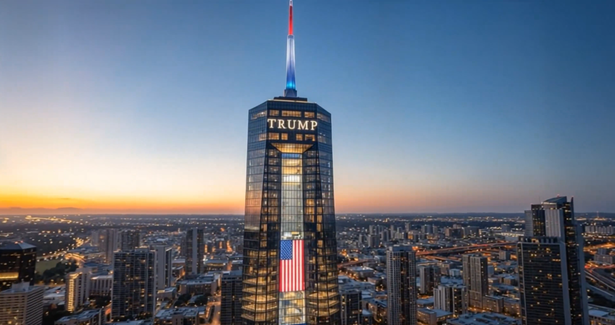 A photo rendering of a skyscraper in Miami emblazoned with the word "TRUMP."