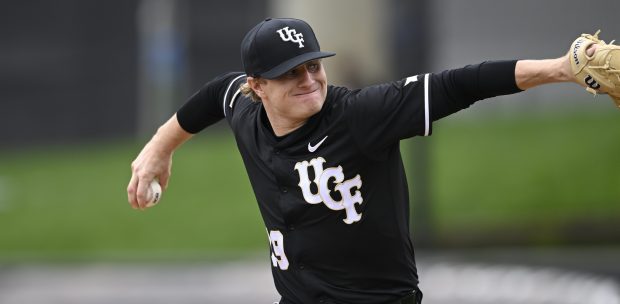 Central Florida pitcher Braden Smith (19) throws during an NCAA college baseball game against South Florida, Saturday, Feb. 28, 2026, in Orlando, Fla. (AP Photo/Phelan M. Ebenhack)