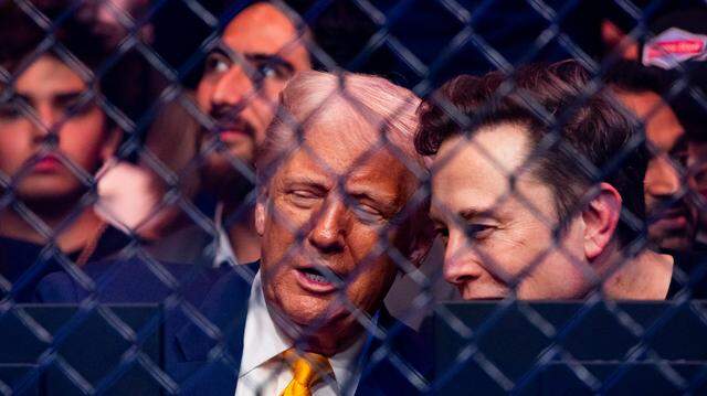 President Donald Trump and Elon Musk talk during UFC 314 at the Kaseya Center on Saturday in downtown Miami. President Donald Trump and Elon Musk talk during UFC 314 at the Kaseya Center on Saturday in downtown Miami.