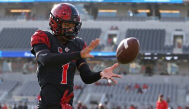 Oct 5, 2024; San Diego, California, USA; San Diego State Aztecs cornerback Chris Johnson (1) warms up before the game against the Hawaii Rainbow Warriors at Snapdragon Stadium.