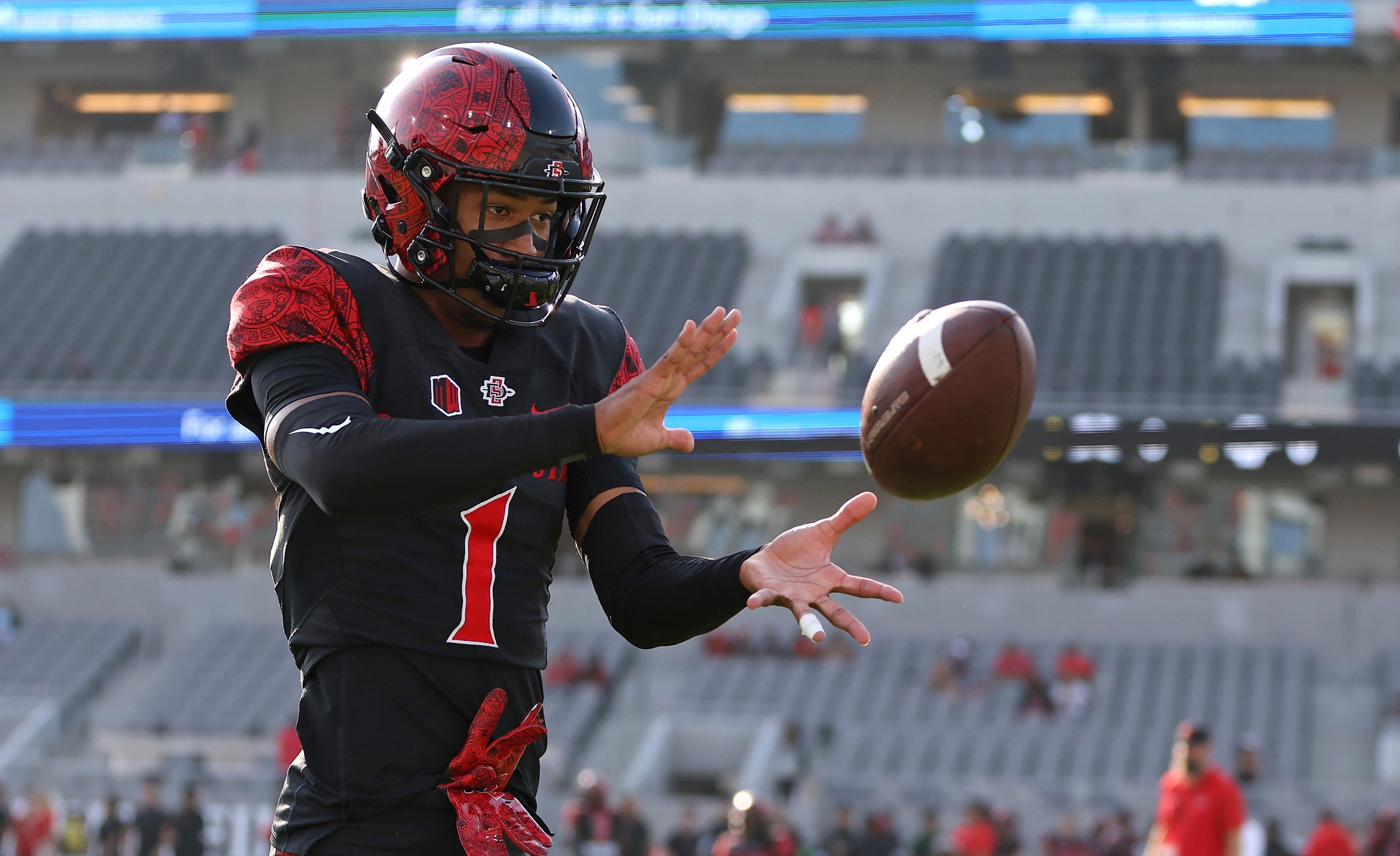 Oct 5, 2024; San Diego, California, USA; San Diego State Aztecs cornerback Chris Johnson (1) warms up before the game against the Hawaii Rainbow Warriors at Snapdragon Stadium.