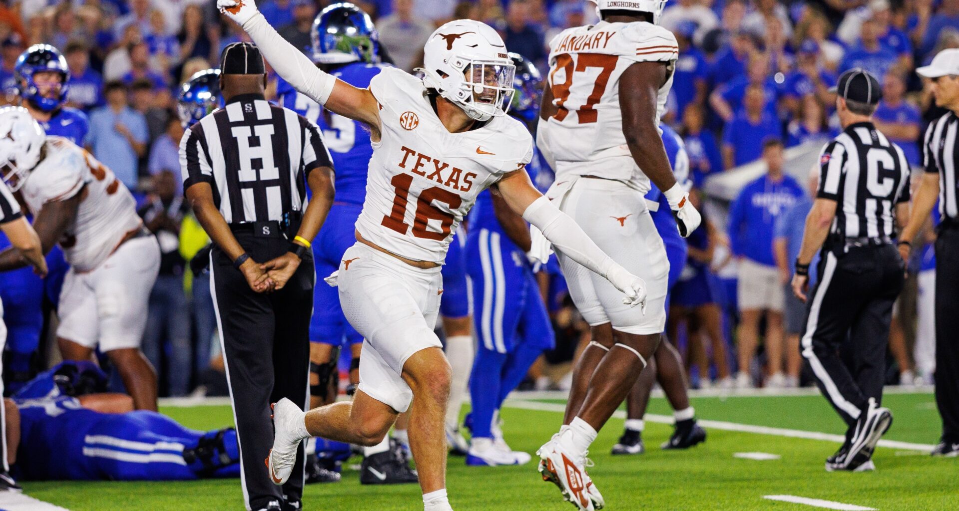 Oct 18, 2025; Lexington, Kentucky, USA; Texas Longhorns defensive back Michael Taaffe (16) celebrates after the Kentucky Wildcats fail to score during overtime at Kroger Field. Mandatory Credit: Jordan Prather-Imagn Images