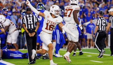 Oct 18, 2025; Lexington, Kentucky, USA; Texas Longhorns defensive back Michael Taaffe (16) celebrates after the Kentucky Wildcats fail to score during overtime at Kroger Field. Mandatory Credit: Jordan Prather-Imagn Images
