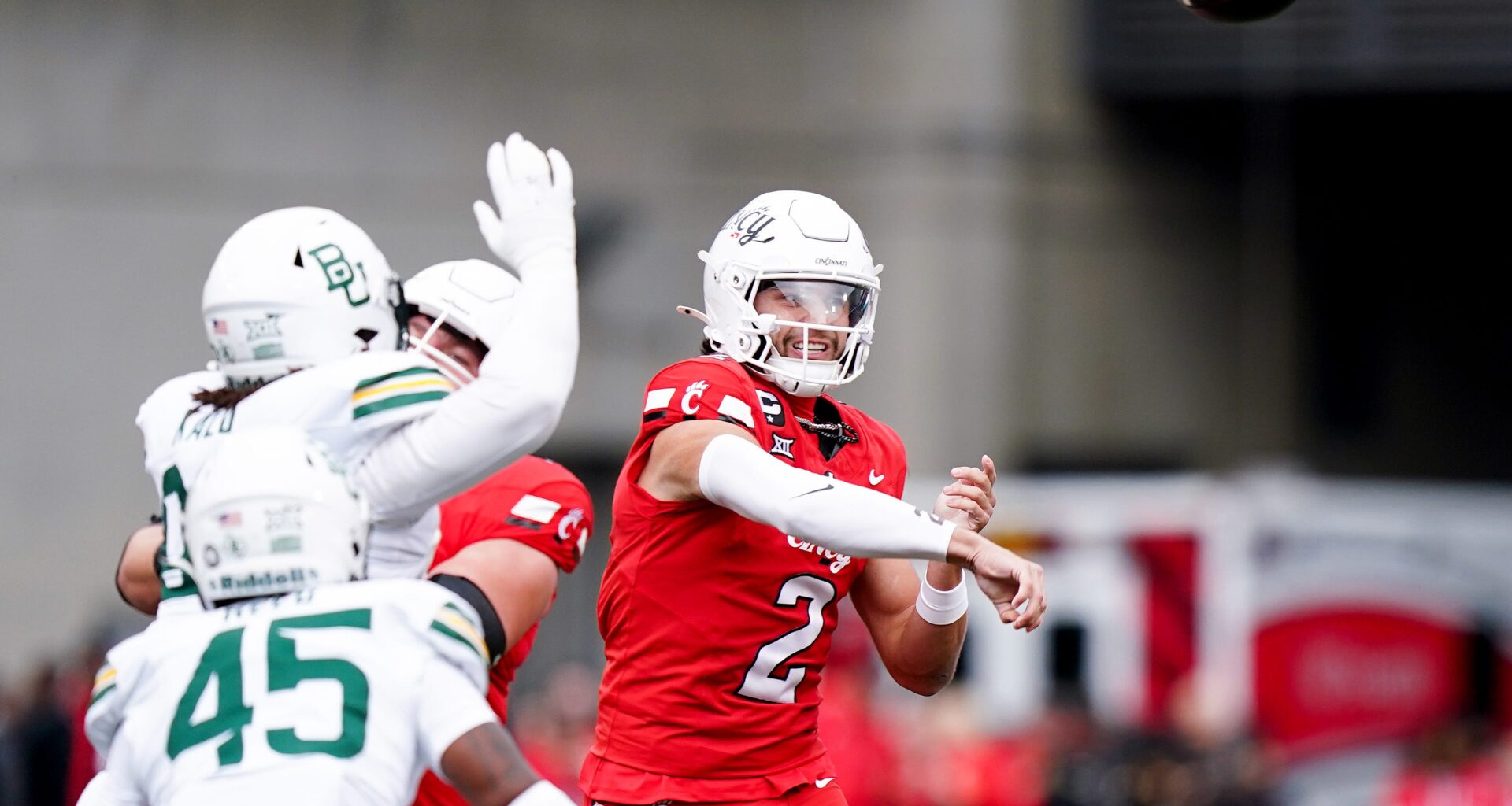 Cincinnati Bearcats quarterback Brendan Sorsby (2) throws a pass in the first quarter of a NCAA men’s football game between the Cincinnati Bearcats and Baylor Bears, Saturday, Oct. 25, 2025, at Nippert Stadium in Cincinnati.