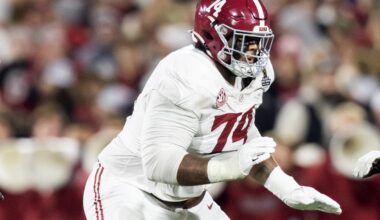 Dec 19, 2025; Norman, OK, USA; Alabama Crimson Tide offensive lineman Kadyn Proctor (74) against the Oklahoma Sooners during the CFP National Playoff First Round at Gaylord Family Oklahoma Memorial Stadium.