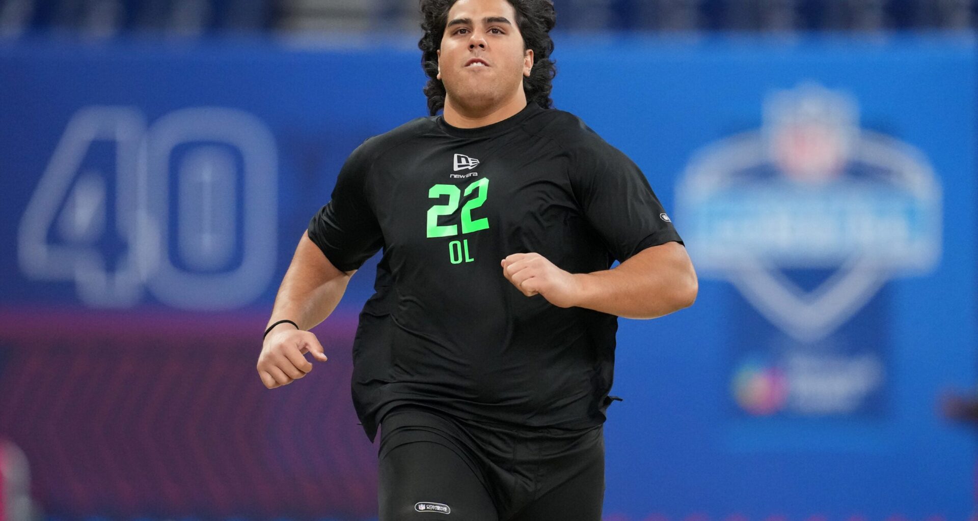 Mar 1, 2026; Indianapolis, IN, USA; Utah offensive lineman Spencer Fano (OL22) during the NFL Scouting Combine at Lucas Oil Stadium.