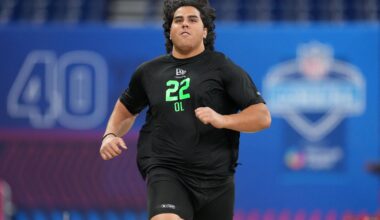 Mar 1, 2026; Indianapolis, IN, USA; Utah offensive lineman Spencer Fano (OL22) during the NFL Scouting Combine at Lucas Oil Stadium.