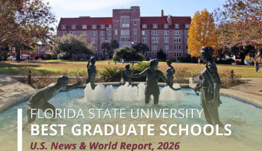 Landis Fountain with statues of children playing the water with Landis Hall, a brick red building, in the background. Text reads Florida State University, Best Graduate Schools, U.S. News & World Report, 2026