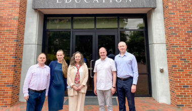 (Left to right) BridgeUSA Fellows Taras Panchenko and Nataliia Safonova with Dina Vyortkina, assistant dean for Innovation and Instructional Technology Enhancement at Anne's College, and BridgeUSA Fellows Andrii Roskalda and Andrii Balendr outside of the Stone Building on FSU's campus. (Learning Systems Institute)