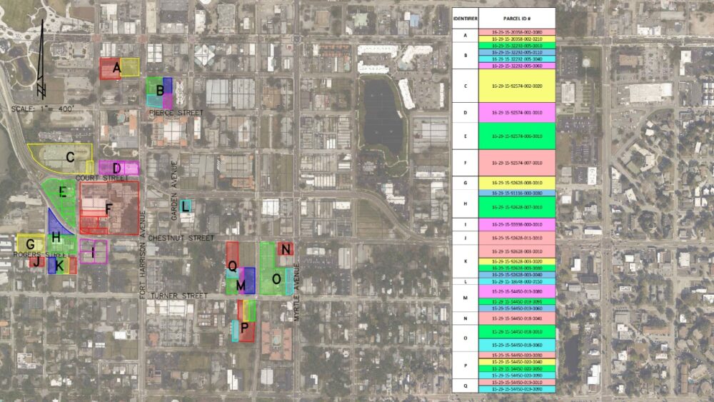 Map showing 32 county-owned properties across Clearwater slated for potential sale, grouped into labeled clusters.