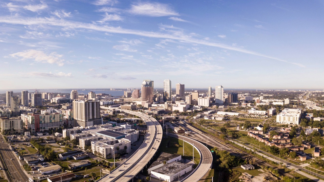 Aerial view of downtown Tampa with highways and skyline