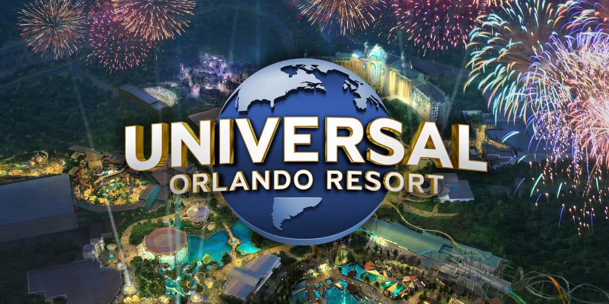 A vibrant night sky illuminated by fireworks above the Epic Universe Resort, inviting visitors to a world of entertainment and excitement at Universal Orlando Resort. In the backdrop is Universal Orlando's Epic Universe.