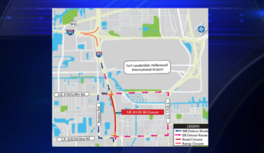 Planned road closures along I-95 southbound in Broward County.
