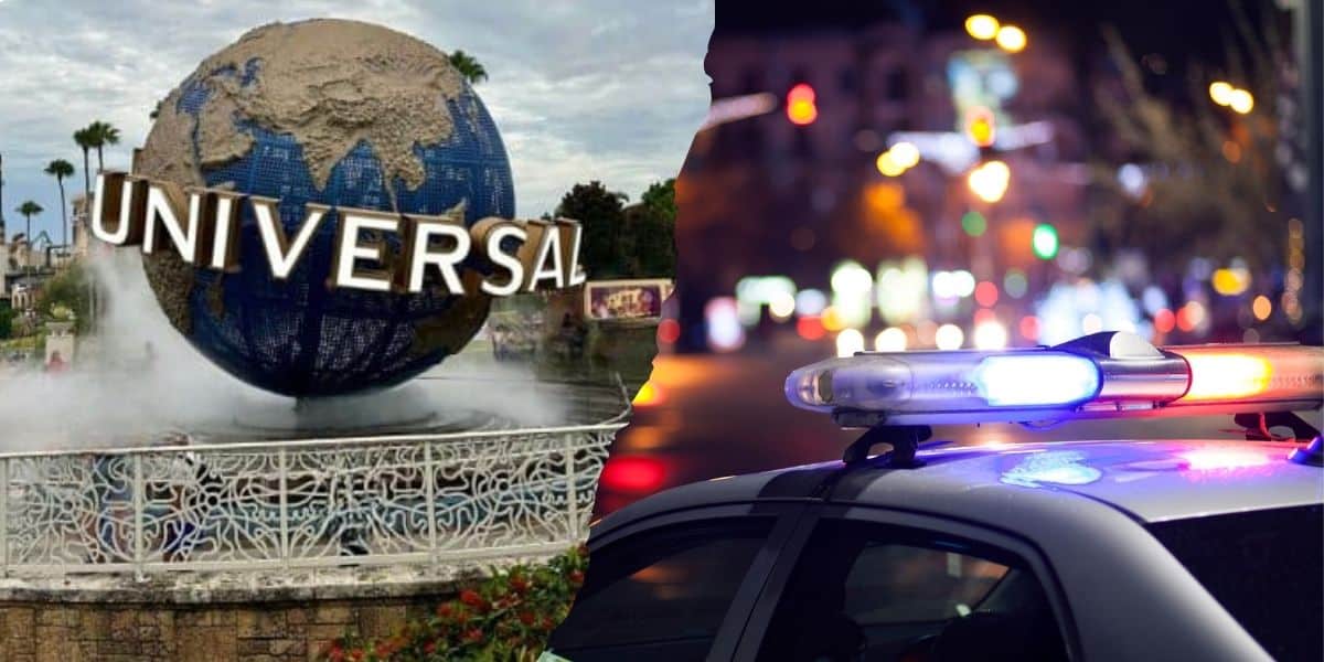 A split image showing the Universal Orlando globe on the left and a police car with flashing lights at night on the right.