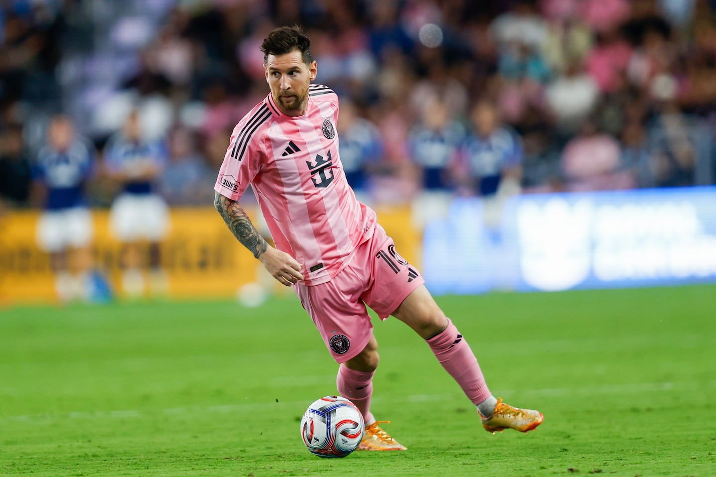 Inter Miami forward Lionel Messi showed flashes of brilliance but the Revolution controls the ball during an MLS soccer match against the New England Revolution, Saturday, April 25, 2026, in Miami. (AP Photo/Chris Arjoon).