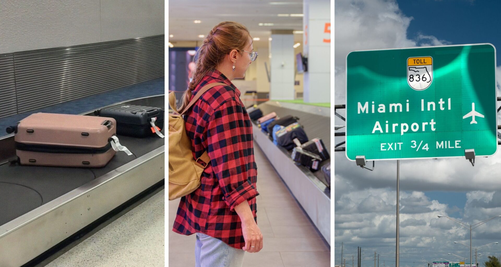 luggage claim area (l) woman goes to pick up her luggage (c) miami airport sign (r)